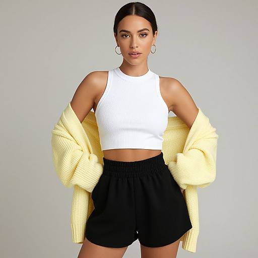 Photograph of a young woman with dark hair in a bun, wearing a white crop top, black shorts, yellow knit cardigan, hoop earrings,