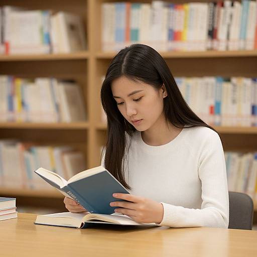 Asian woman with long black hair, wearing a white sweater, reading a blue book in a library with wooden shelves.