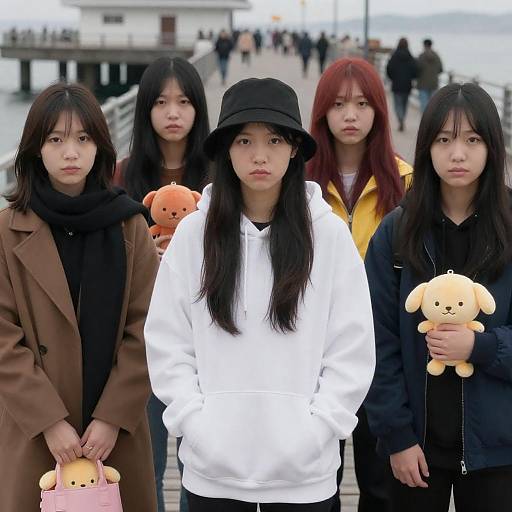 Five Friends on a Pier in Casual Outfits