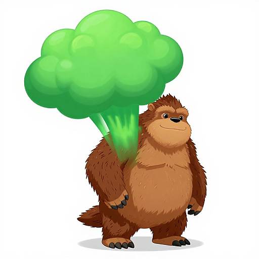 Cartoon brown bear with fluffy fur and black claws, standing, smiling, holding a bright green, puffy cloud-like object on its back.