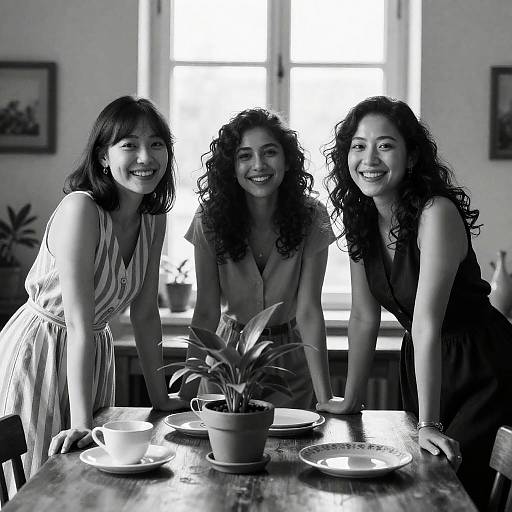 Black and White Portrait of Three Smiling Women at Table