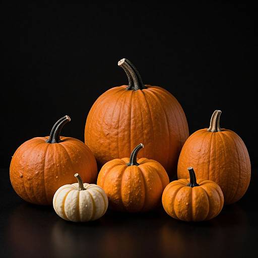 Photograph of five pumpkins against a black background: three large orange pumpkins, one small white pumpkin, and one small orange pumpkin.