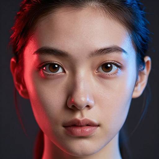 Close-up photograph of a young Asian woman with fair skin, dark hair, and brown eyes, illuminated by red and blue light against a dark background.
