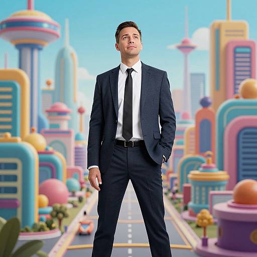 Photograph of a serious, well-dressed man in a black suit and tie standing confidently in a colorful, futuristic cityscape.