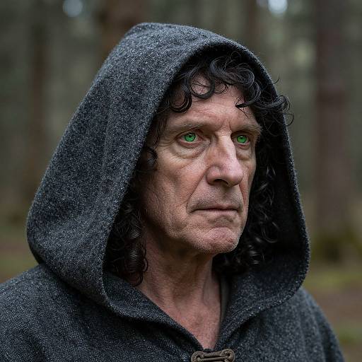 Photograph of a middle-aged man with green eyes, wearing a dark gray hooded cloak in a blurred, wooded background.
