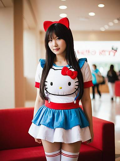 Lifestyle costume photo of Hello kitty (character). Cosplay clothes