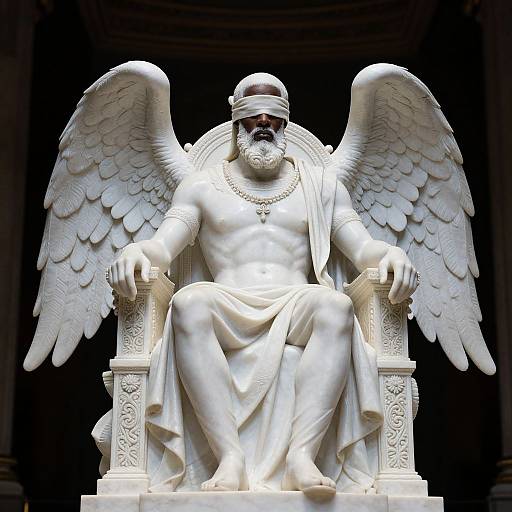 Photograph of a white marble statue of a bearded angelic man with large wings, seated on an ornate throne, wearing a headscarf
