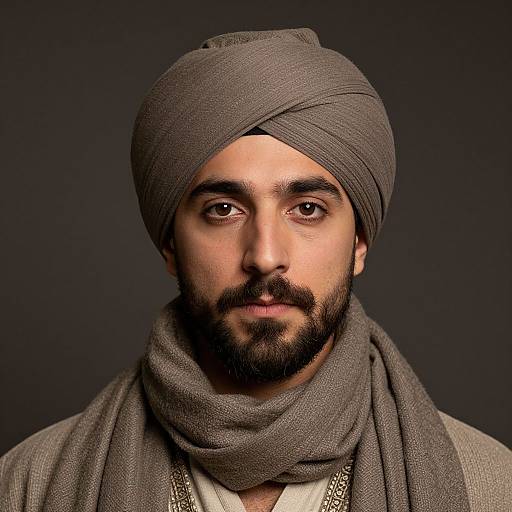 Photograph of a bearded Middle Eastern man with brown eyes, wearing a grey turban and matching scarf, against a dark background.