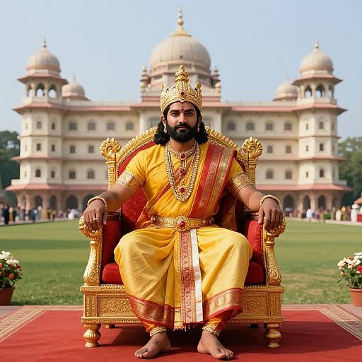Photograph of a bearded man with medium brown skin, wearing a yellow royal outfit and gold crown, sitting on an ornate throne in front of