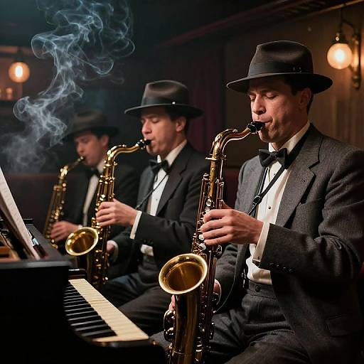 Photograph of three male jazz musicians in black suits and hats, playing saxophones, with smoke rising from the foreground saxophone.