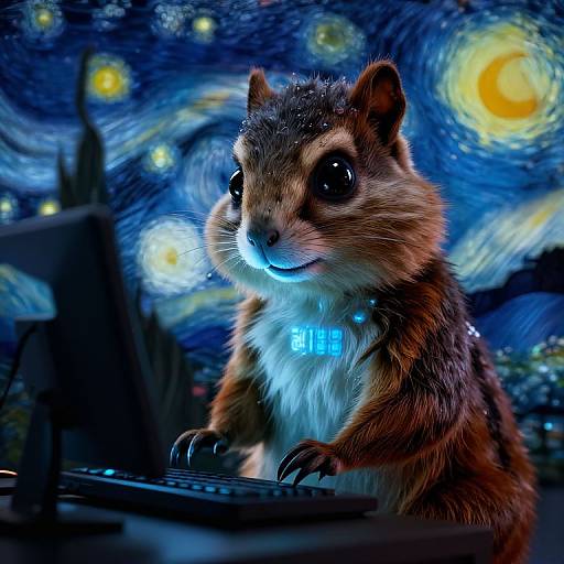 Digital artwork of a raccoon with glowing blue collar, typing on a computer, against a Van Gogh-style night sky background.