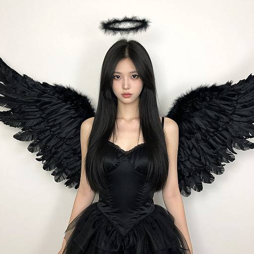 Digital artwork of an East Asian angel with long black hair, black dress, and large black feather wings, halo above head, white background.