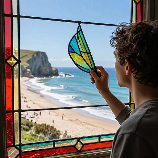 Photograph of a curly-haired man holding a colorful stained glass fan, gazing through a vibrant window at a sunny beach with cliffs and waves.