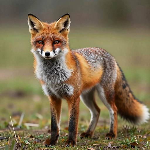 Photograph of a red fox with vibrant orange fur, white chest, and black legs, standing in a grassy field, looking directly at the camera