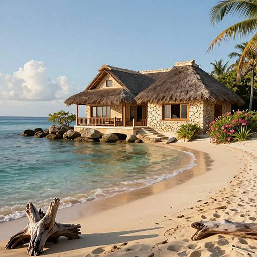 Photograph of a thatched-roof stone beach house with a balcony, surrounded by clear turquoise water, sandy shore, and palm trees.