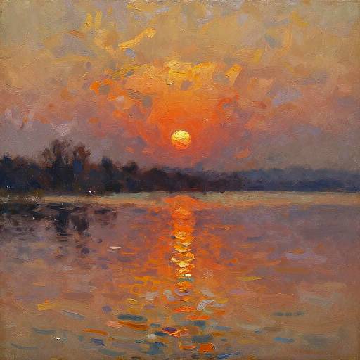 Impressionist Lakeside Sunset Oil Painting