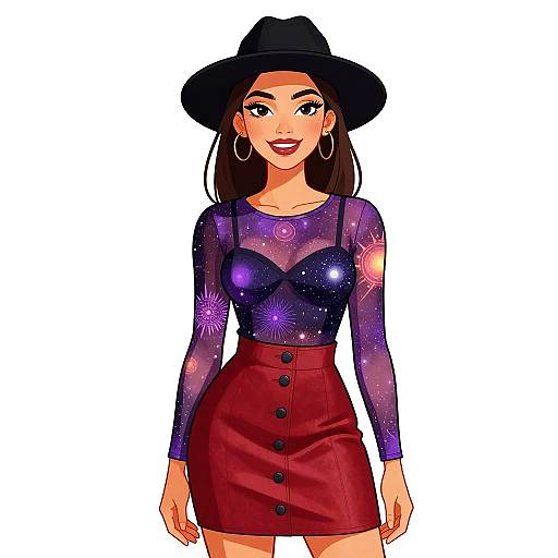 Digital illustration of a smiling woman with tan skin, wearing a black hat, hoop earrings, purple galaxy long-sleeve top, and red button-up