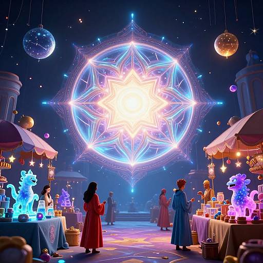Festive market scene with glowing neon star mandala, illuminated stalls, and colorful, glowing figurines under a starry night sky.