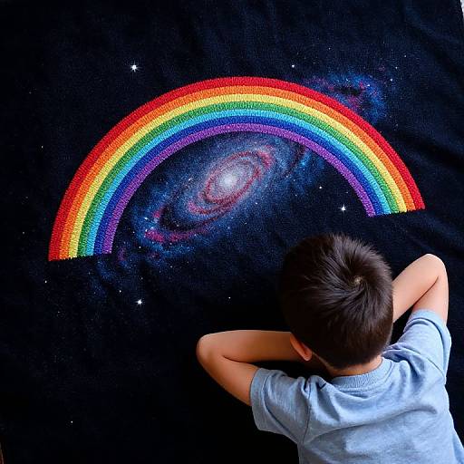 Boy Stargazing Amid Rainbow Galaxies