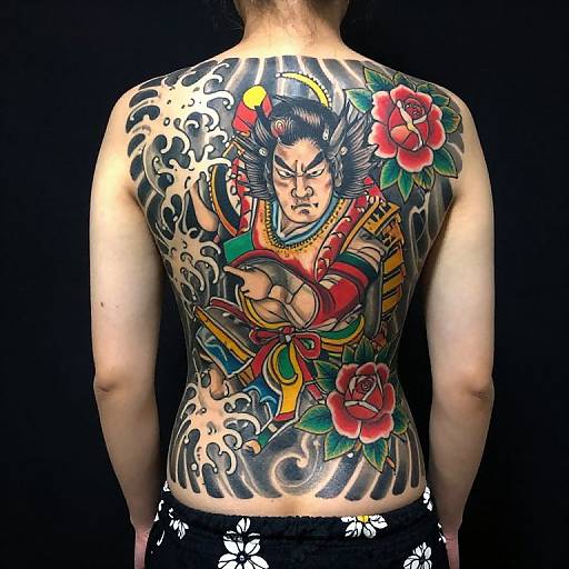 Photograph of a tattooed Asian man's back featuring a vibrant, traditional Japanese-style samurai with red roses and wave patterns.