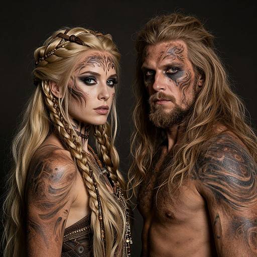 Photograph of a heavily tattooed, long-haired, blonde woman with braids and dark makeup, standing beside a shirtless, muscular, bearded