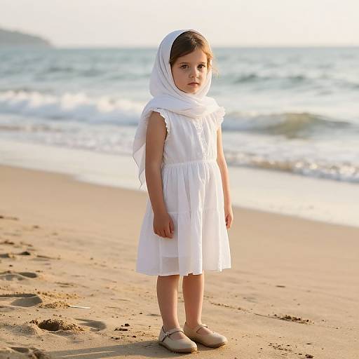 Young Girl on Serene Sandy Shoreline