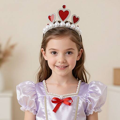 Photograph of a young girl with light brown hair, wearing a silver satin dress with white lace trim, red bow, and a silver tiara with