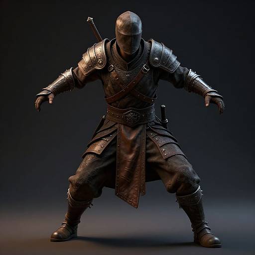 CGI image of a menacing, armored warrior with a bald head, crouched in a fighting stance against a dark, gradient background. Wears