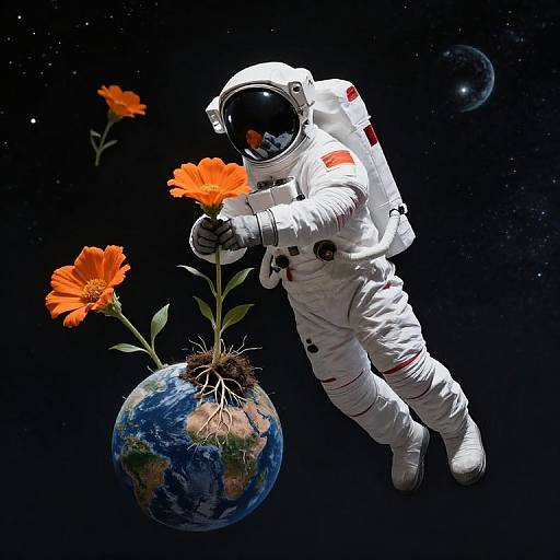 Photorealistic digital art: Astronaut in white spacesuit with red patches, floating in space, holding orange flowers from a small Earth. Dark background