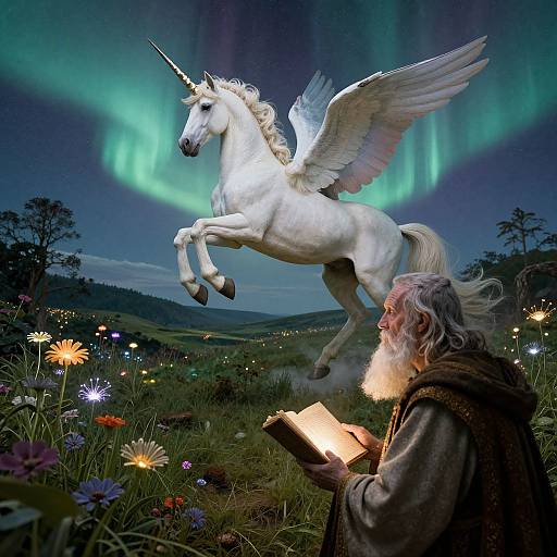 Photograph of a bearded wizard reading a glowing book under a northern lights night sky, with a white winged unicorn mid-leap above colorful wild