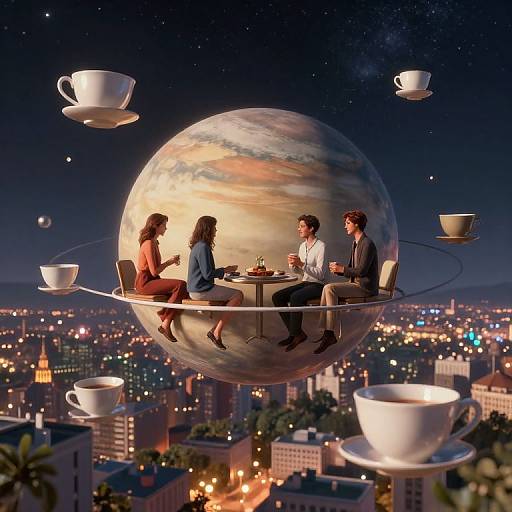 Floating Teacup City Orbiting Planet