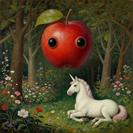 Whimsical digital painting: White unicorn lies among colorful flowers in a forest, with a giant red apple with black eyes hanging above.