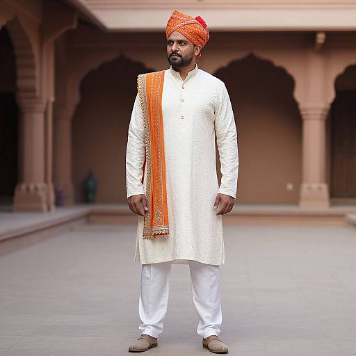 Photograph of a bearded South Asian man in white traditional Punjabi attire, orange turban, and matching orange scarf, standing in a pink-h