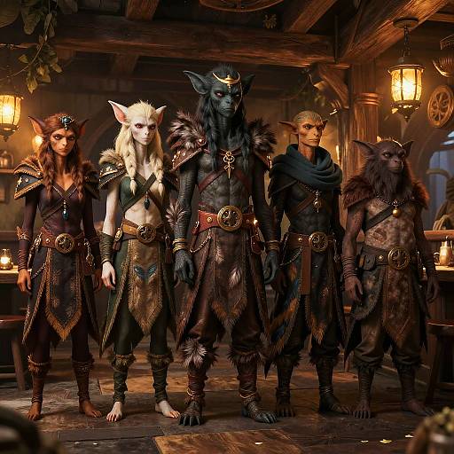 Digital artwork of five anthropomorphic wolf-like creatures in dark medieval fantasy armor, standing in a warmly lit wooden tavern. Each has distinct fur colors and expressions
