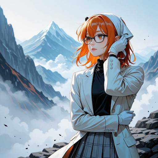 Anime Girl with Red Hair in Mountain Landscape