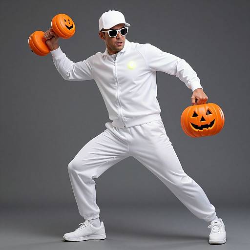 Photograph of a man in white workout clothes and cap, wearing sunglasses, holding orange jack-o'-lantern dumbbells, exercising against a gray