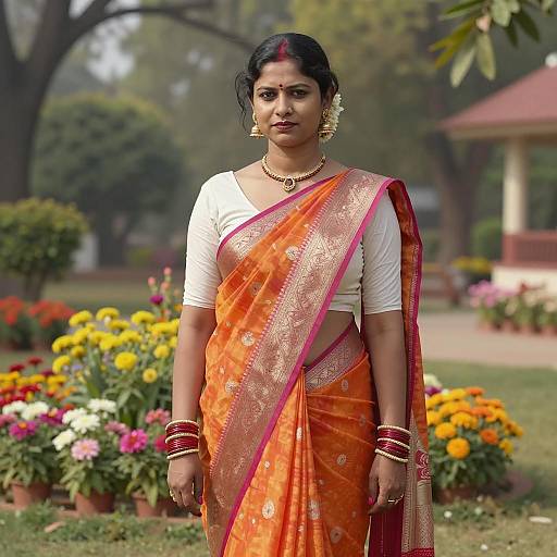 Indian Woman in Pink and Orange Banarasi Saree in Garden