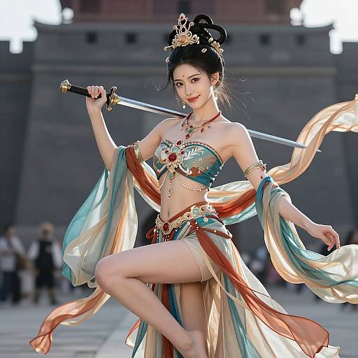 Digital art of an Asian woman in a revealing, flowing, colorful warrior outfit, holding a sword, posing confidently in a bright, outdoor setting.