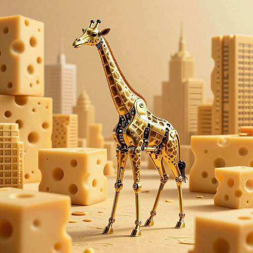 Photorealistic CGI of a golden, robot giraffe with black spots standing amidst a surreal cityscape of cheese cubes and skyscrapers.