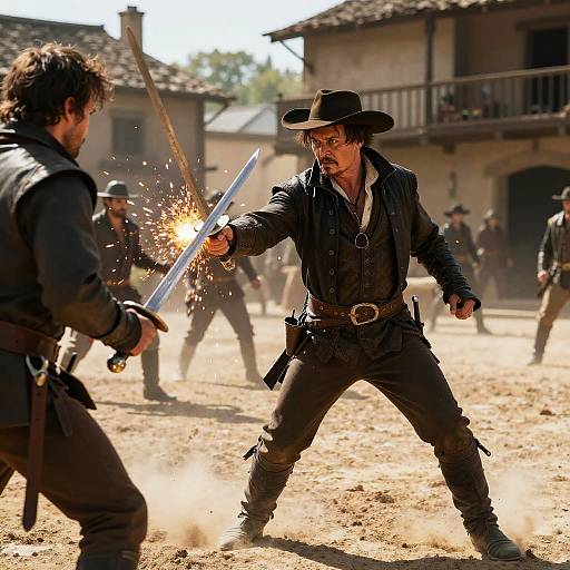 Photograph of a rugged cowboy in a black hat and leather gear, sparking his sword in a dusty, sunlit western town.