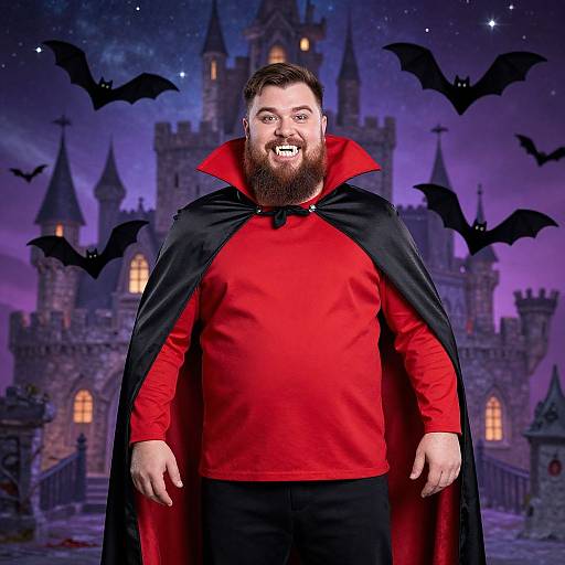 Photograph of a bearded man with a large build, wearing a red shirt and black cape, smiling with fangs, standing in front of a