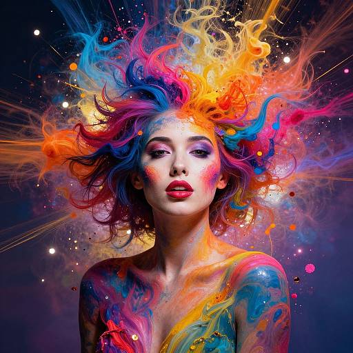 Photograph-style digital art of a woman with colorful, swirling flames for hair, vibrant paint on face and shoulders, against a dark, starry background