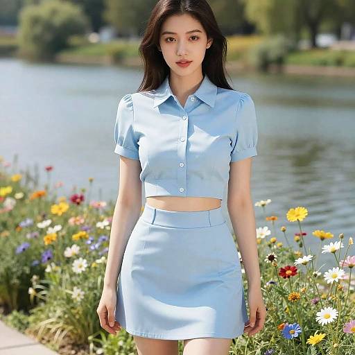 Asian woman with long black hair, wearing light blue crop top and skirt, standing in vibrant flower garden by a lake. Photographic image.