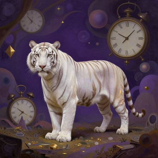 Digital artwork of a white tiger standing on a dark, purple-hued background with floating clocks and gold coins, exuding a surreal, whimsical atmosphere