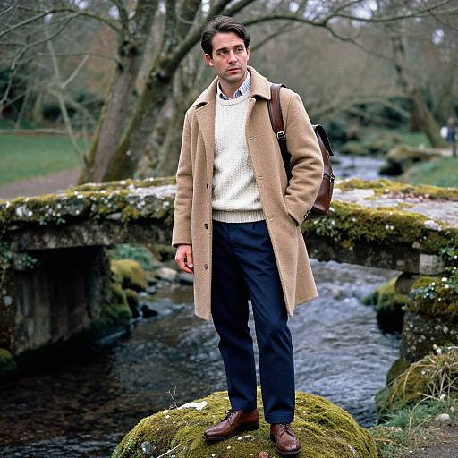 Photograph of a man standing on a mossy stone bridge, wearing a beige coat, white sweater, navy pants, brown boots, and carrying a