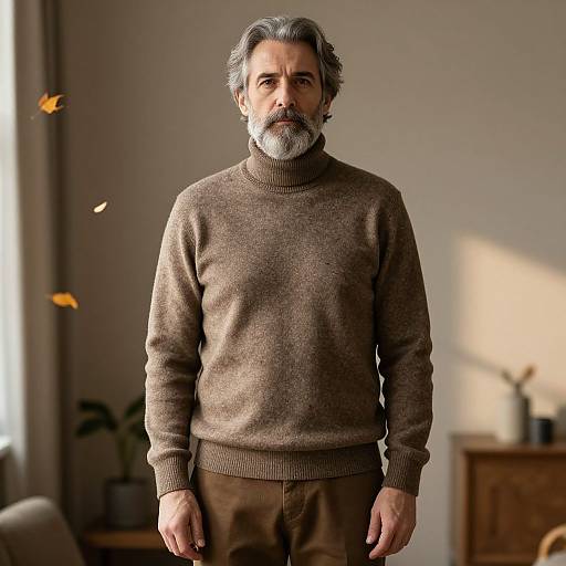 Photograph of a middle-aged man with gray hair and beard, wearing a brown turtleneck sweater, standing in a softly lit, minimalist room with