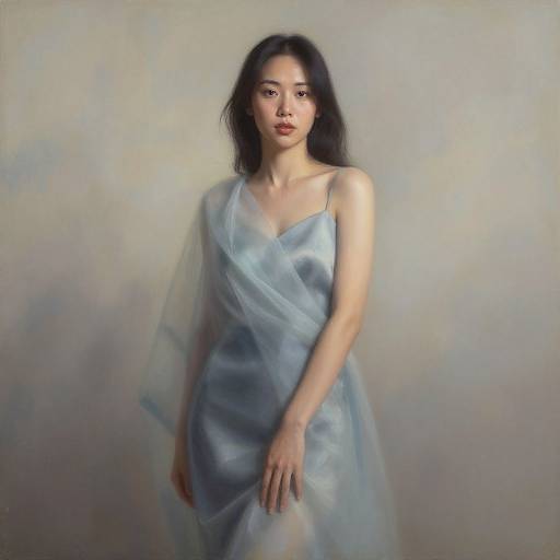 Photograph of an East Asian woman with long black hair, wearing a light blue, sheer, flowing dress, standing against a muted, pastel background