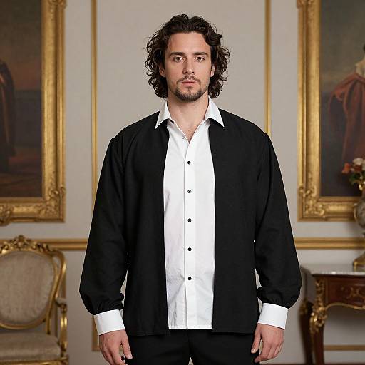 Photograph of a man with curly dark hair, light skin, and a trimmed beard, wearing a black jacket over a white shirt, standing in an