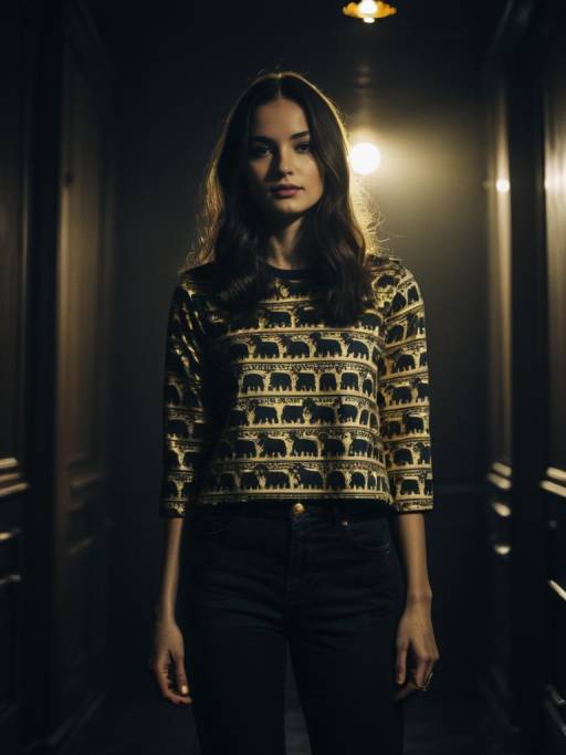 Woman in Elephant Print Top and Black Trousers