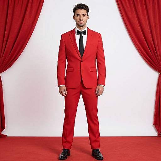 Photograph of a handsome man with short black hair and beard, wearing a bright red suit, black bow tie, and black shoes, standing on a